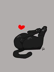 anthro ass balls big_butt black_body black_fur black_paws bottomless butt_focus cat_tail clothed clothing domestic_cat feet felid feline felis fur genitals glu_(artist) grey_background grey_pawpads heart hi_res long_tail male male/male mammal nude pawpads paws presenting short_fur signature simple_background solo unknown_character