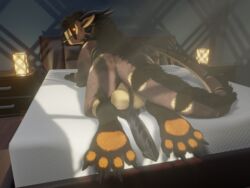 3d_(artwork) 4:3 4_toes ass balls bed bedroom big_balls big_penis black_body black_fur black_hair black_horn black_penis brown_body brown_fur claws crepuscular_rays digital_media_(artwork) dragon erection feet felkin feral foot_focus fur furniture furred_dragon genitals hair hi_res horn huge_cock inside jaeger_(lewddragons) knot lewddragons light long_penis looking_at_viewer male male_only nightstand nude orange_eyes orange_pawpads orange_tongue pawpads paws penis penis_focus presenting presenting_penis rear_view ridged_penis simple_background solo sploot sunlight toe_claws toes tongue