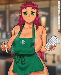 1girls apron barista big_breasts breasts breasts_bigger_than_head clothing coldarsenal dc dc_comics fast_food female female_focus female_only ginger_hair green_eyes huge_breasts iced_latte_with_breast_milk lactation lactation_through_clothes large_breasts leaking_milk looking_at_viewer marker meme outerwear red_hair simple_background solo solo_female solo_focus starbucks starfire sweat sweatdrop sweaty teen_titans thick_thighs uniform wide_hips