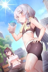 1boy 1futa after_exercise bench big_breasts big_penis black_hair booty_shorts bulge clothed clothing disposable_cup duo erection erection_under_clothes exhausted eyewear_on_head femboy fully_clothed futanari hand_on_hip holding_cup holding_object howcow howcow_(vtuber) huge_cock human indie_virtual_youtuber leggings light-skinned_futanari light-skinned_male light_skin looking_at_viewer male midriff no_bra otonashi_(otonashi5959) outdoors outside pale_skin silver_hair sitting solo_femboy solo_futa sports_bra sportswear spread_legs standing sun_glare sunglasses sunglasses_on_head sweat tongkkangi tongkkangi_(streamer) towel trap two_tone_sunglasses underboob virtual_youtuber yoga_pants