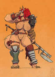 2021 anthro areola armor axe battle_axe belt belt_pouch big_breasts breasts canid canine claws conditional_dnp eyewear female fur genitals glasses hair holding_object holding_weapon jolly_jack jollyjack mammal melee_weapon mostly_nude orange_background orange_eyes pauldron pussy red_hair scratches simple_background solo tan_body tan_fur weapon were werecanid werecanine werewolf wide_hips