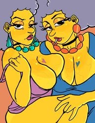 breast_tattoo cigarette clothed clothing curvy_body curvy_milf earrings female_focus female_only grey_hair huge_breasts looking_at_viewer milf patty_bouvier seanmalikdesigns selma_bouvier sisters tattoo the_simpsons thick_thighs twin_sisters yellow_body yellow_skin