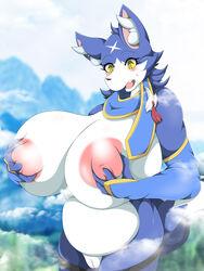 3:4 anthro anthrofied big_breasts blush breasts canid canine canis canyne capcom female fur genitals hi_res macro mammal mellonsoda monster_hunter monster_hunter_rise nipples nude palamute pussy solo video_games