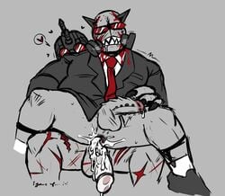 2boys blood blush cum cum_in_ass cum_leaking drool drooling fangs gay leaking_cum madness_combat mag_agent_(madness_combat) original_character pierced_penis piercing scars slimiesteel torture_(madness_combat)