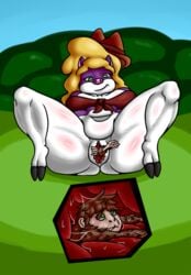 anthro anthro_pred anthro_prey belly big_belly big_thighs blonde_hair brown_fur brown_hair clothing cow_girl female female_pred hat infiniteshades internal_view male male_prey markings monkey multiple_characters pig purple_skin redneck southern unbirth unbirthing vore white_skin