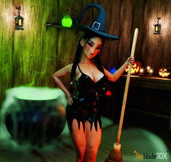 3d 3d_(artwork) bare_arms bare_legs bare_shoulders big_breasts black_hair blender braid breasts broom brown_eyes brown_skin busty cauldron cleavage cosplay dark-skinned_female dark_hair dark_skin disney disney_princess dress female_focus female_only halloween halloween_costume hard_nipples hi_res looking_at_viewer native_american nipples pocahontas pocahontas_(character) ponytail pumpkin seductive seductive_smile skyblade3dx solo solo_female solo_focus thick_thighs tight_clothing tight_dress twintails watermark wide_hips witch witch_hat