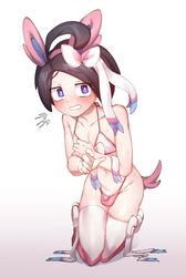 1boy allister_(pokemon) bikini_top black_hair blue_eyes blush bulge cosplay femboy game_freak male male_only nintendo onion_(pokemon) otonashi_(otonashi5959) penis_bulge pokemon pokemon_(cosplay) pokemon_(game) pokemon_ss solo solo_male square_eyes square_pupils sweat sylveon_(cosplay) thighhighs trap white_background white_thighhighs