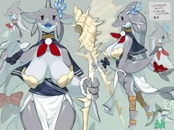 2girls anthro black_eyes blue_tongue character_sheet clothing coral countershading dolphin dolphin_tail female female_only fins grey_background hi_res japanese_text kame_3 light_blush marine red_eyes ribbon seashell seashell_bra shark sharp_teeth staff tail tail_ribbon text wrist_cuffs