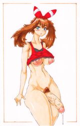 3rd_party_edit areolae big_areola big_nipples big_penis blue_eyes blush cum dripping_cum edit futa_only futanari greatanteka hair_ribbon looking_at_viewer may_(pokemon) may_(pokemon_oras) pokemon pokemon_oras pubic_hair puffy_nipples simple_background veiny_penis