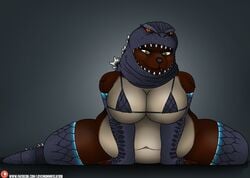 abigail_merriwick anthro armwear big_breasts bra breasts clothing cosplay costume elbow_gloves female gloves godzilla godzilla_(series) handwear hi_res looking_at_viewer lovemummification mammal overweight smile smiling_at_viewer solo text thick_thighs toho underwear url ursid