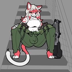 1:1 anthro armor barefoot belt breasts bulge clothing cougar empskit feet felid feline furry genital_outline gun gynomorph hand_on_leg hi_res highlights_(coloring) intersex looking_aside mammal military paws penis_outline pouches ranged_weapon shirt simple_background smile smirk smug solo spread_legs spreading stairs tail_tuft tank_top tesena topwear tuft weapon