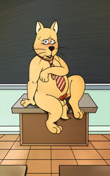 anthro barefoot bodily_fluids canid canine canis chalkboard classroom covering_nose desk domestic_dog embarrassed erection feet fur furniture genitals hi_res inside male male_focus male_only mammal necktie neenya nude open_mouth orange_body orange_fur overweight pattern_necktie penis red_necktie school shiba_inu shinnosuke_(what's_michael) sitting solo solo_male spitz striped_necktie sweat tongue tongue_out what's_michael whiskers yellow_necktie