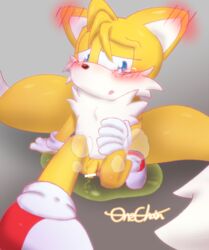 anthro blush bodily_fluids canid canine clothing foreskin fox genital_fluids handwear leaking leaking_penis legwear male mammal omorashi onechan peeing penis sega solo sonic_(series) sonic_the_hedgehog_(series) tails tails_the_fox tears urine urine_pool watersports