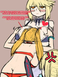 1girls absurd_res alternate_breast_size apron artoria_pendragon artoria_pendragon_(alter) artoria_pendragon_(swimsuit_rider_alter) ass_cleavage big_breasts bikini busty butt_crack curvy dialogue fate/grand_order fate/stay_night fate_(series) female highres humor maid maid_apron maid_headdress maid_uniform nero_claudius_(fate) nero_claudius_(swimsuit_caster) steamingtofu swimsuit text