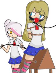 2girls blonde_hair blue_eyes female_only fhs fhsz3r0 fnafhs fnafhs_bondage fnafhs_z3ro fnafhsrule34 gag gagged joy_(fnafhs) meg_(fnafhs) mouth_gag multiple_girls white_hair yellow_eyes