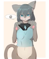 <3_eyes 2021 anthro barely_visible_clitoris barely_visible_genitalia breasts clitoris clothing domestic_cat felid feline felis female genitals green_eyes hair heart hi_res holding_clothing holding_object holding_underwear kemono looking_at_viewer mammal navel pawpads raaggu signature simple_background solo speech_bubble torn_underwear underwear