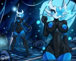 2021 5:4 arthropod black_body blue_eyes blue_nipples breasts detailed_background fan_character fecharis female genitals glowing glowing_eyes hi_res holding_object holding_weapon hollow_knight humanoid humanoid_hands lampy_(artist-apprentice587) lampy_(azura_inalis) latiar lifeblood nipples nude one_eye_obstructed pussy solo standing team_cherry vessel_(species) video_games weapon