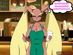 artist_request big_breasts brown_fur frank_vector iced_latte_with_breast_milk lopunny meme miss_lopunny pokemon pokemon_(species) spanish_text starbucks text text_bubble thick_thighs