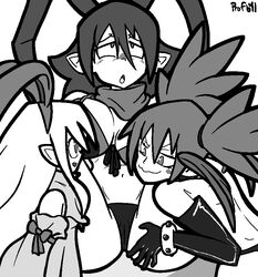 3girls ass ass_grab big_breasts clothing disgaea disgaea_d2 etna female flonne genderswap_(mtf) laharl laharl-chan long_hair monochrome nippon_ichi_software profbyl pussy rule_63 short_hair tail voyeur wings yuri