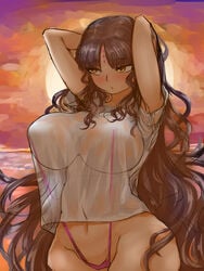 1girls absurd_res alternate_breast_size alternate_version_available big_breasts fate/extra fate/grand_order fate_(series) highres sesshouin_kiara sesshouin_kiara_(swimsuit_mooncancer)_(fate) steamingtofu sunset thong wet_shirt