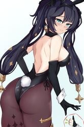 1girls ass black_hair bunny_ears bunnysuit genshin_impact mona_(genshin_impact) scrapy thumbs_up white_background