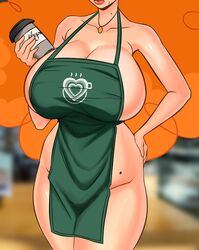 1girls apron apron_only auburn_hair beauty_mark cartoon_network curvy curvy_female female female_only huge_breasts iced_latte_with_breast_milk light-skinned_female light_skin long_hair meme mole mole_on_belly mole_on_breast mole_on_neck naked naked_apron orange_hair powerpuff_girls sara_bellum thick_thighs twinkl_belle voluptuous