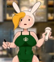 1girls ? adventure_time apron bare_shoulders big_breasts blonde_hair blurry_background blush breasts bunny_ears cartoon_network coffee crisisaura curvaceous curvy detailed_background digital_media_(artwork) eyelashes female female_only fionna_the_human_girl green_apron hair headwear hi_res holding_object human iced_latte_with_breast_milk large_breasts looking_at_viewer marker meme nipple_bulge open_mouth outerwear pale_skin public shiny_skin starbucks surprised teeth thick_thighs thighs watermark