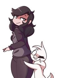 1girls annoyed anthro ass_worship avian avian_humanoid black_bra black_jacket black_pants dyllzone fully_clothed giide giidenuts hugging_butts maddie_(dyllzone) original riley_(giidenuts) white_background white_fur