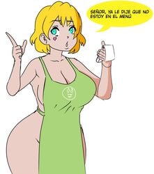 1girls big_breasts blonde_hair choco-girl_(ocida_drawing) cyan_eyes iced_latte_with_breast_milk meme ocida_drawing ocidasilver original shoko_(ocida_drawing) short_hair simple_background sole_female spanish_text text text_bubble