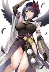 1girls ass_visible_through_thighs big_breasts black_elbow_gloves black_gloves black_long_gloves blue_hair blush breasts elbow_gloves genshin_impact gloves harimoji kujou_sara long_gloves nipple_bulge thick_thighs thighs tight_clothing underboob wings yellow_eyes