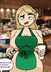 1girls big_breasts blonde_hair blue_eyes fhs fhsz3r0 fnafhs fnafhs_z3ro fnafhsrule34 iced_latte_with_breast_milk joy_(fnafhs) lobesnoalpha long_hair meme starbucks thick_thighs