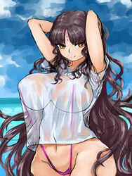 1girls absurd_res alternate_breast_size alternate_version_available big_breasts fate/extra fate/grand_order fate_(series) highres sesshouin_kiara sesshouin_kiara_(swimsuit_mooncancer)_(fate) steamingtofu thong wet_shirt