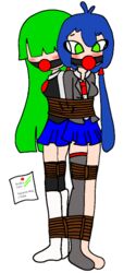 2girls blue_hair cami_(fnafhs) embarrassed female_only fhs fhsz3r0 fnafhs fnafhs_bondage fnafhs_z3ro fnafhsrule34 gag gagged green_eyes green_hair long_hair mouth_gag multiple_girls school_uniform tied_together tied_up usagi_(fnafhs) usagi_bon