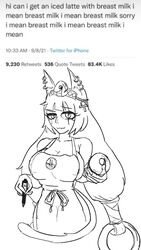 1girls 2021 apron big_breasts black_and_white black_hair blunt_bangs catgirl cleopatra cleopatra_(metal_slug) egyptian female female_focus female_only green_skin iced_latte_with_breast_milk long_hair looking_at_viewer lowkek_ops meme metal_slug metal_slug_attack nipples nipples_visible_through_clothing red_eyes seductive snk twintails