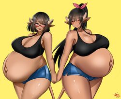 2girls bayoshii big_breasts breasts cleavage cow_girl female female_only huge_belly large_breasts multiple_girls multiple_pregnancies original original_character pregnant ready_to_pop