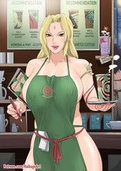 2girls apron blonde_hair clothed_female coffee coffee_shop female female_only huge_breasts iced_latte_with_breast_milk ino_yamanaka kurenai_yuhi light-skinned_female light_skin mature_female mei_terumi meme milf multiple_girls naruto naruto_(classic) naruto_(series) naruto_shippuden raikage_art sakura_haruno solo tsunade