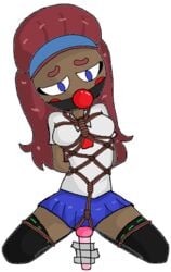 blue_eyes bondage clothed dark-skinned_female fnafhs fnafhs_bondage fnafhs_z3ro fnafhsrule34 gag gagged long_hair mouth_gag red_hair school_uniform tied_up toddy_(fnafhs) vibrator vibrator_in_pussy