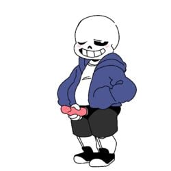 1boy animated_skeleton anterior_nasal_aperture black_clothing black_footwear black_shoes blue_clothing blue_hoodie blue_topwear blush bone bottomwear clothing dildo footwear grey_bottomwear grey_clothing grey_shorts grin hand_in_pocket holding_dildo holding_object holding_sex_toy holding_strap-on hoodie humanoid male male_only male_wearing_strapon one_eye_closed one_eye_half-closed pink_dildo pockets sans sex_toy shirt shoes shorts simple_background skeleton smile solo standing strap-on teeth topwear undead undertale unknown_artist video_games white_background white_body white_clothing white_shirt white_topwear