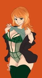 artist_signature breasts cameltoe erin_parker eyebrows_visible_through_hair female female_only freckles green_eyes lifted_shirt lingerie navel orange_hair ordem_paranormal red_hair redhead simple_background smiling smiling_at_viewer sofiezebul solo solo_female thigh_highs thighhighs