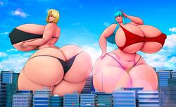 2girls android_18 ass_cleavage back_view bikini black_bikini black_panties black_swimsuit blonde_hair blue_eyes blue_hair buildings butt_crack city clouds dragon_ball dragon_ball_z duo erect_nipples female female_only front_view giantess hair holding_breasts huge_ass huge_breasts huge_hips huge_thighs hyper hyper_ass hyper_breasts hyper_hips hyper_thighs lens_flare long_hair maron multiple_girls panties red_bikini red_panties red_swimsuit short_hair sky skyline someshittysketches swimsuit wide_hips