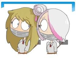 2girls blonde_hair blue_eyes fhs fhsz3r0 fnafhs fnafhs_bondage fnafhs_z3ro fnafhsrule34 joy_(fnafhs) long_hair meg_(fnafhs) multiple_girls tied_up white_hair yellow_eyes