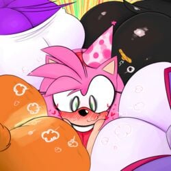 amy_rose ass ass_cleavage ass_focus ass_smothering big_ass birthday blaze_the_cat blush bubble_butt butt_crack female female_only huge_ass lesbian multiple_girls ota_(artist) pants_down rouge_the_bat sally_acorn sega sonic_(series) surrounded surrounded_by_ass twerking wave_the_swallow yuri