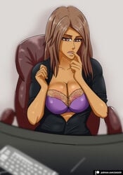 biting_finger boss brassiere breasts brown_eyes brown_hair brunette dark-skinned_female dark_skin female horny horny_female jacket looking_at_viewer milf principal teacher undressing ynsichi