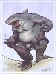 3:4 absurd_res adamgraphite anthro balls blood bodily_fluids bottomwear clothing colored dc_comics fish genitals hi_res king_shark male male_focus male_only marine obese open_mouth overweight penis shark shorts slightly_chubby solo solo_male torn_clothing