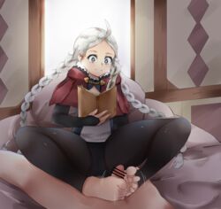 1boy 1boy1girl 1girls barefoot blue_panties book braid censored drooling ethan_ppj_(artist) feathers feet female fire_emblem fire_emblem_fates fire_emblem_if foot_fetish footjob green_eyes grey_hair heart-shaped_pupils human indoors male motion_lines multitasking nina_(fire_emblem) nintendo on_bed panties pantyhose saliva saliva_trail smile solo_focus toes twin_braids twintails video_games writing