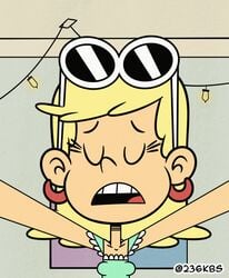 1girls 236kbs animated animated_gif bedroom bouncing_breasts breasts clothed eyes_closed female glasses leni_loud long_hair solo suggestive teeth the_loud_house