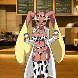 1girls brown_fur cow_girl cow_horns cow_print cow_print_bikini frank_vector furry furry_breasts furry_ears iced_latte_with_breast_milk lactation lopunny meme milk miss_lopunny pokémon_(species) pokemon pokemon_(species) smile smiling smiling_at_viewer