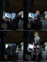 1boy 1girls 3d blonde_hair comic female female_focus female_masturbation going_commando grace_ashcroft grace_ashcroft_(fbi_outfit) junkerz male masturbation miniskirt nathan_dempsy no_panties office office_lady resident_evil resident_evil_9:_requiem skirt tagme