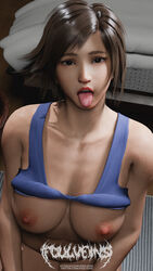 1girls 3d ahe_gao breasts brown_eyes brown_hair female female_only foulveins kazama_asuka kneeling large_breasts lifted_shirt looking_at_viewer nipples solo tekken tekken_7 tongue_out