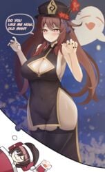 1girls aged_up alternate_breast_size breasts china_dress chinese_clothes cleavage cleavage_cutout closed_eyes curvy dream english_text female genshin_impact ghost hat hu_tao_(genshin_impact) large_breasts scrapy sleeping thick_thighs thighhighs thought_bubble wide_hips